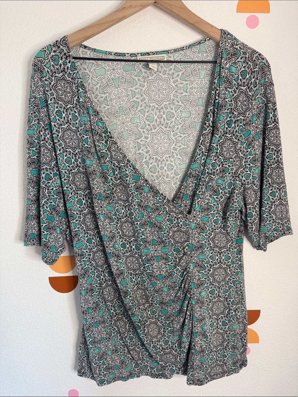 Dana Buchman Teal Black Mandala Print Faux Wrap Top XL Boho Stretch Blouse